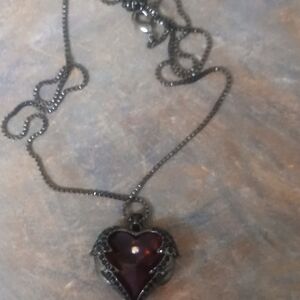 Heart Pendant Necklace with Deep Wine-Red Stone